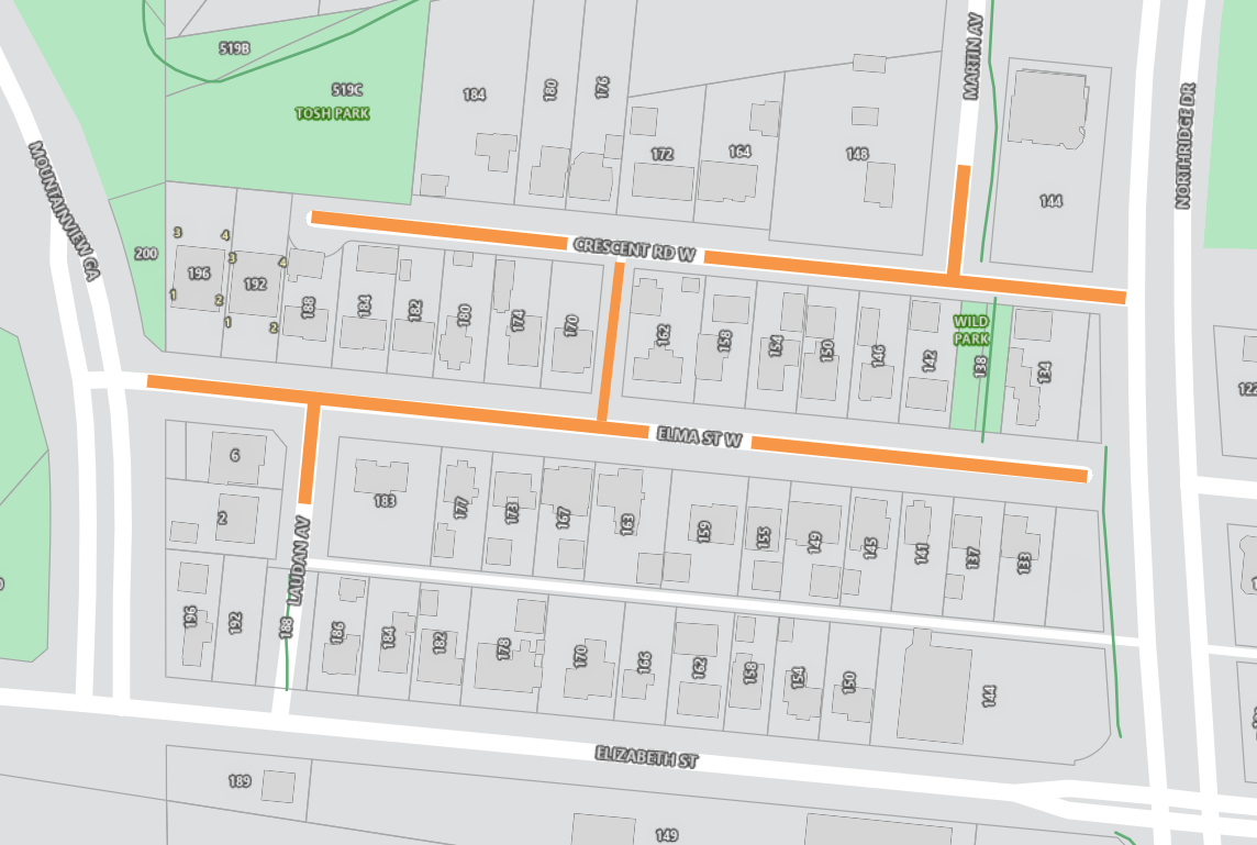 A map of okotoks with select streets highlighted 