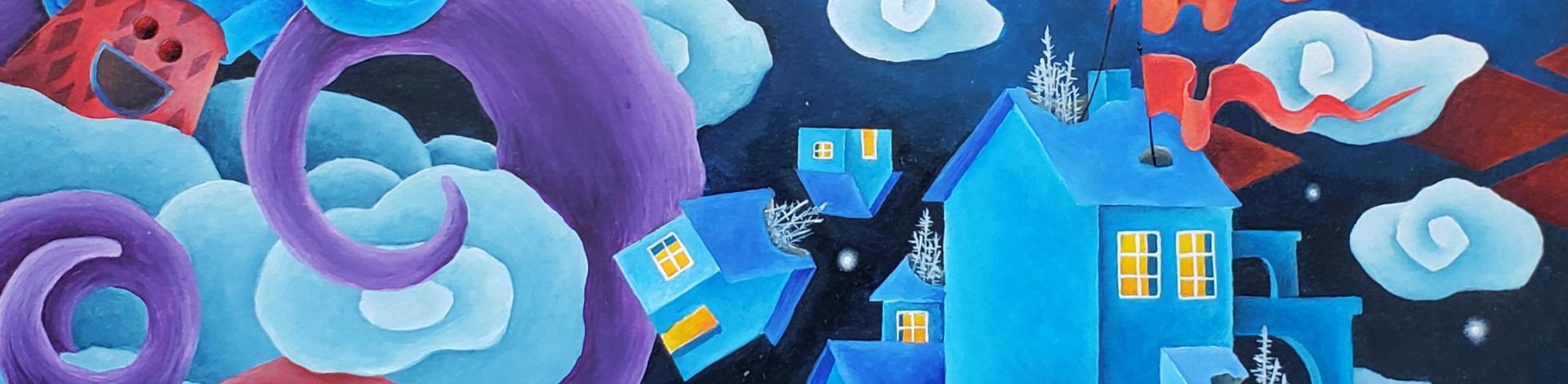 A painting of tall blue houses with blue and purple clouds swirling nearby. 