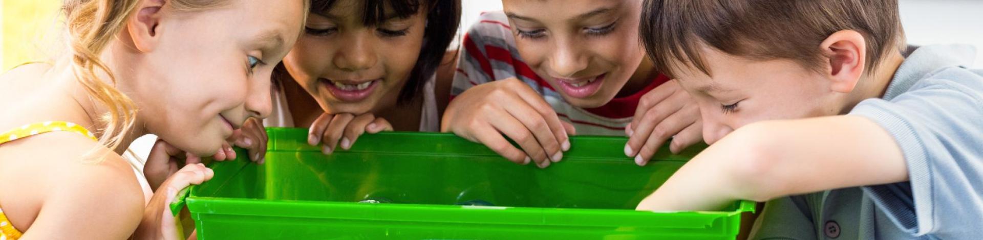 four children looking in a recycling bin