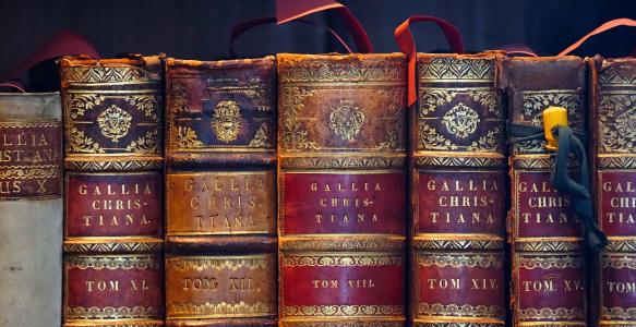 Old books with red and brown leather covers, standing in a row. 