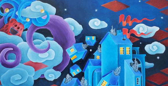 A painting of tall blue houses with blue and purple clouds swirling nearby. 