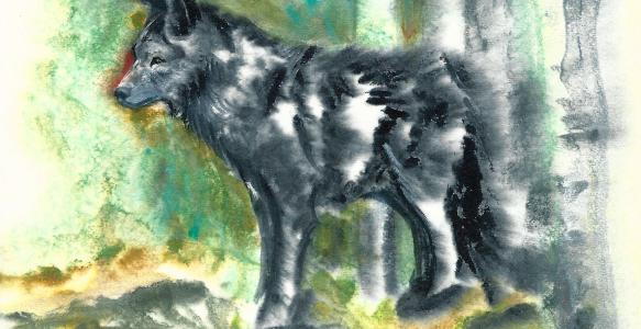 Watercolour painting of a black wolf in a green forest with yellow grass.