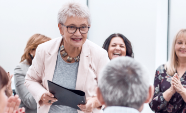 older adult engaging with older adult audience