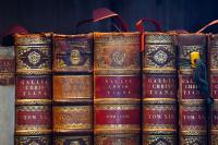 Old books with red and brown leather covers, standing in a row. 